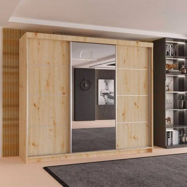 Sliding Wardrobes 4U Modern 3 Door Sliding Wardrobe in Natural, W: 250 cm, H: 217 cm