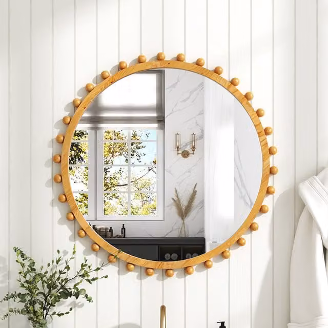 Komore Rustic Round Wood Wall Mounted Decorative Mirror in Brown