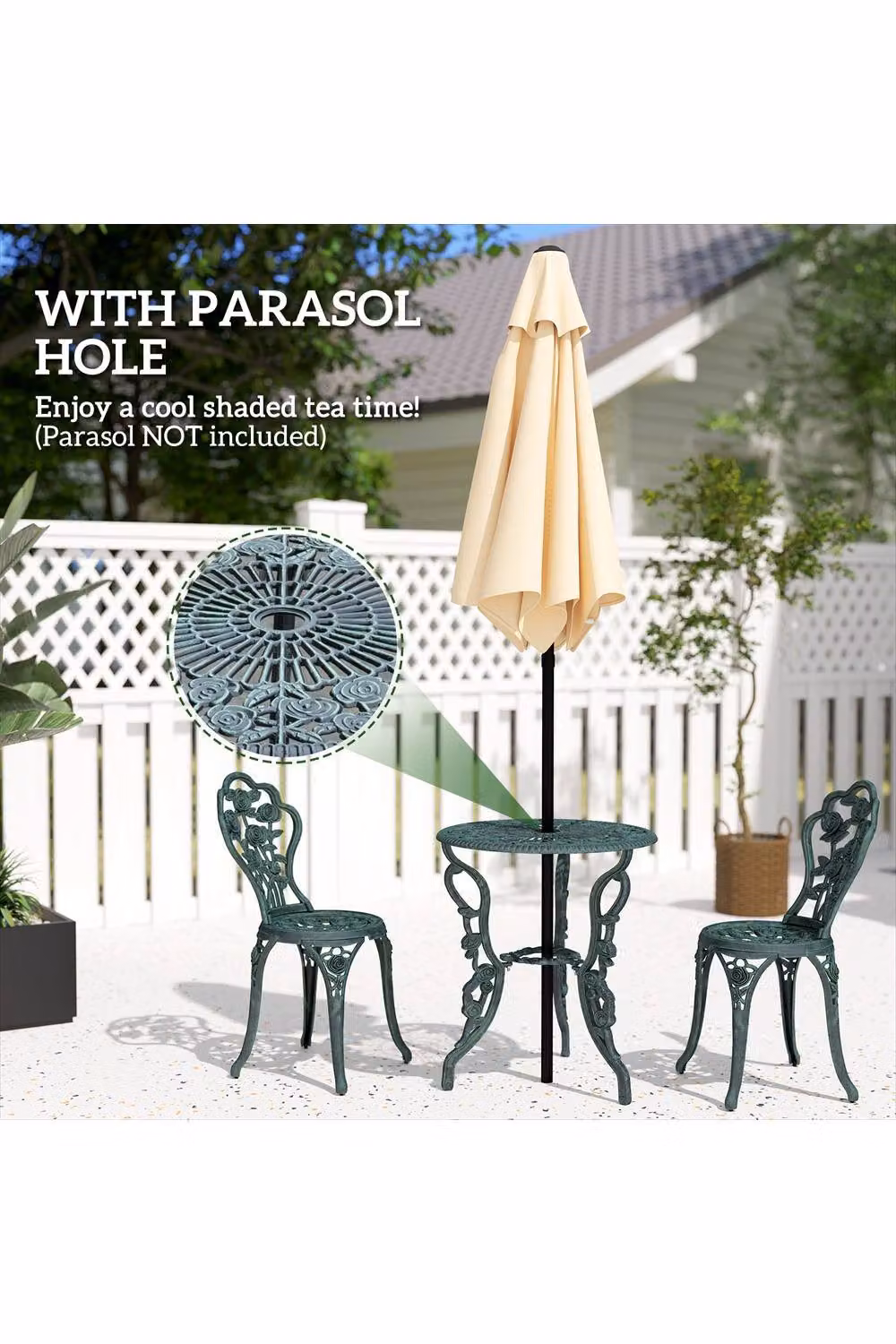 ERGOVEXA Garden Bistro Set with Umbrella Hole in Antique Green – 2