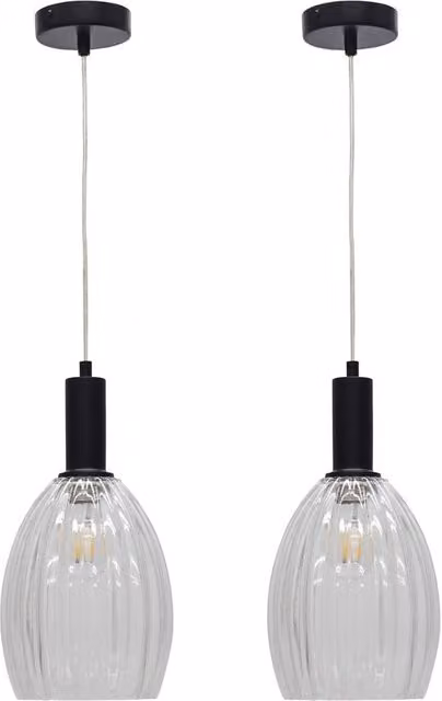 First Choice Lighting Birch Set of 2 Art Deco Pendant Lights with Transparent Fluted Glass and Black Metal Finish
