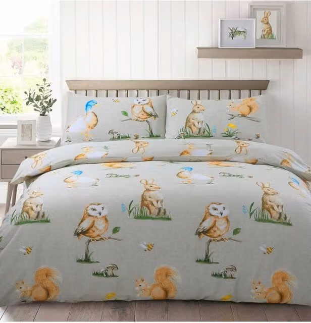 Velosso Country Animals Printed Cotton Rich Duvet Cover and Pillowcase Set, Grey, W/H: 200 x 200 cm, Pillowcase: 50 x 75 cm