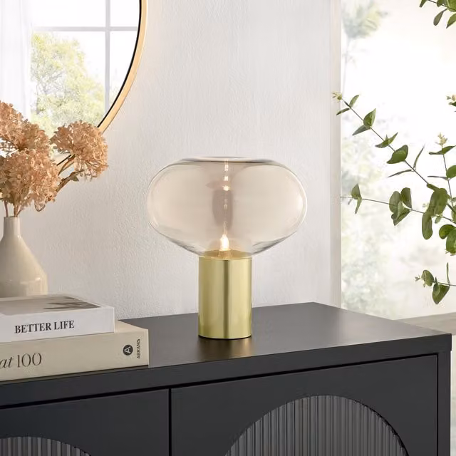 FurnitureboxUK Sarah Mid-Century LED Table Lamp in Brass and Brown with Glass Shade – 1