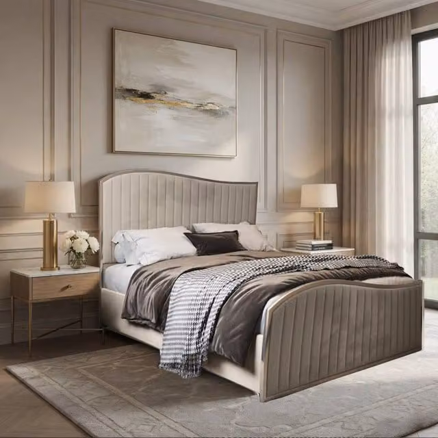 KDMD Hurstpierpoint Double Velvet Upholstered Metal Designer Bed Frame in Beige and Cream, W: 140 cm x D: 200 cm