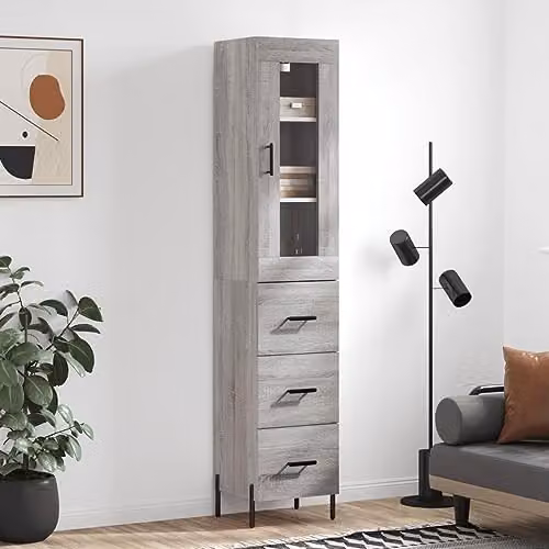 vidaXL Modern Grey Sonoma Highboard with Glass Doors and Internal Shelves, W/D/H: 34.5 x 34 x 180 cm – 2