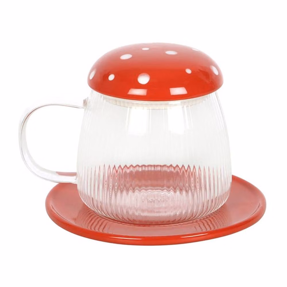 Uniqueful Red Glass Mushroom Mug and Saucer with Lid, 550ml – 3