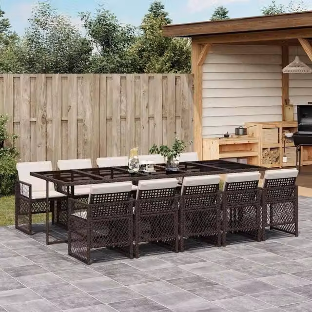 Berkfield Home 11 Piece Brown Poly Rattan Garden Dining Set with Cushions and Glass Tabletop – 1