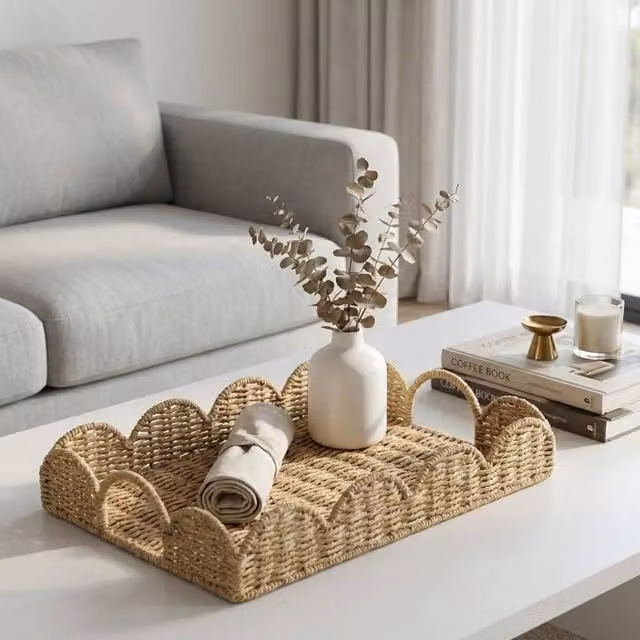 Garden Greatness Rectangular Paper Rope Weave Edge Serving Tray with Handles in Beige and Multicolour