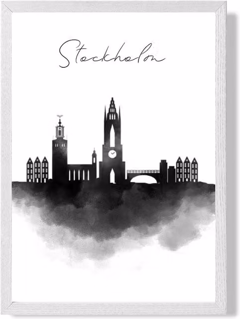 ARTZE Stockholm Watercolour Skyline City Framed Print, Black and White, A2