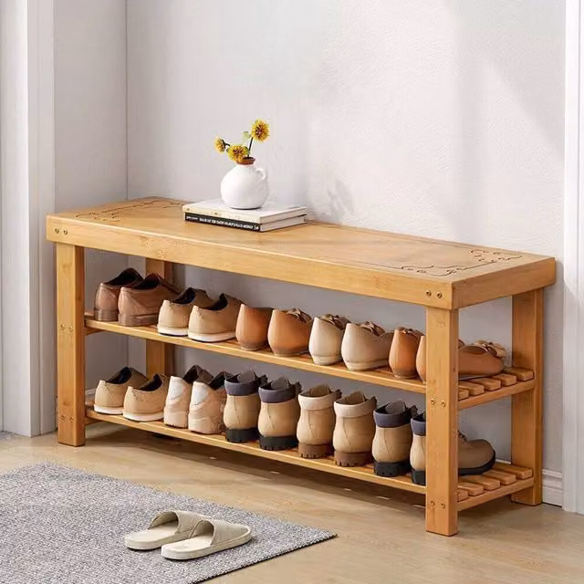 KORVIXA 3-Tier Bamboo Shoes Changing Stool in Natural Brown, W/D/H: 100 x 100 cm