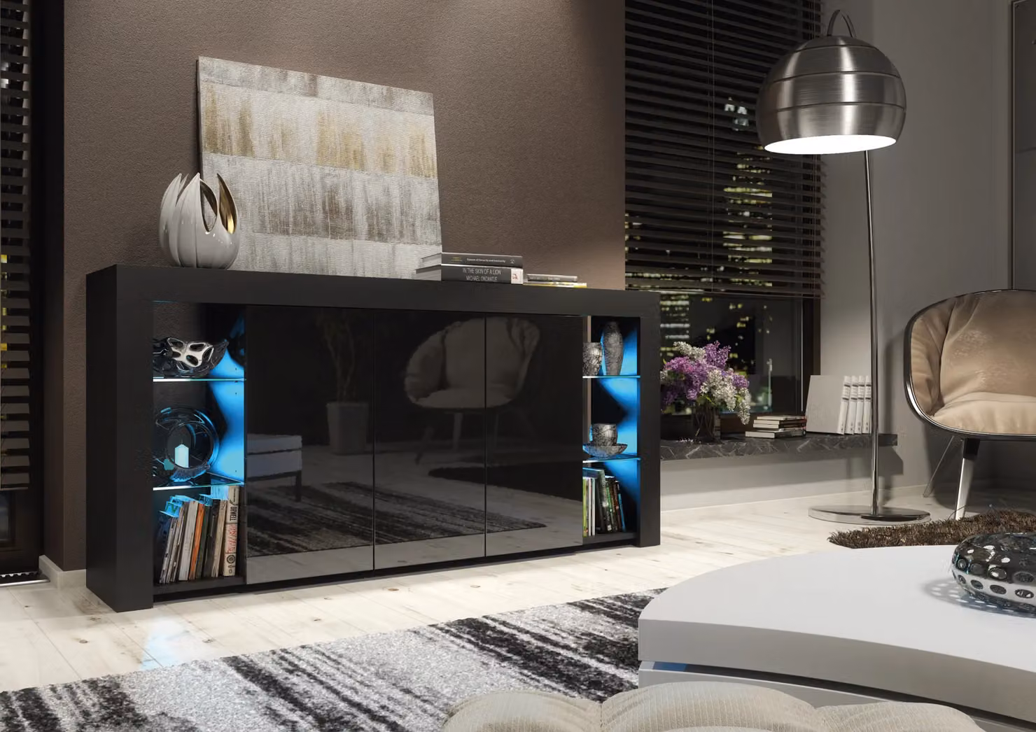 Mex Furniture LTD Modern Black Gloss Sideboard with LED Lighting, W: 164 cm, H: 83 cm, D: 35 cm – 3