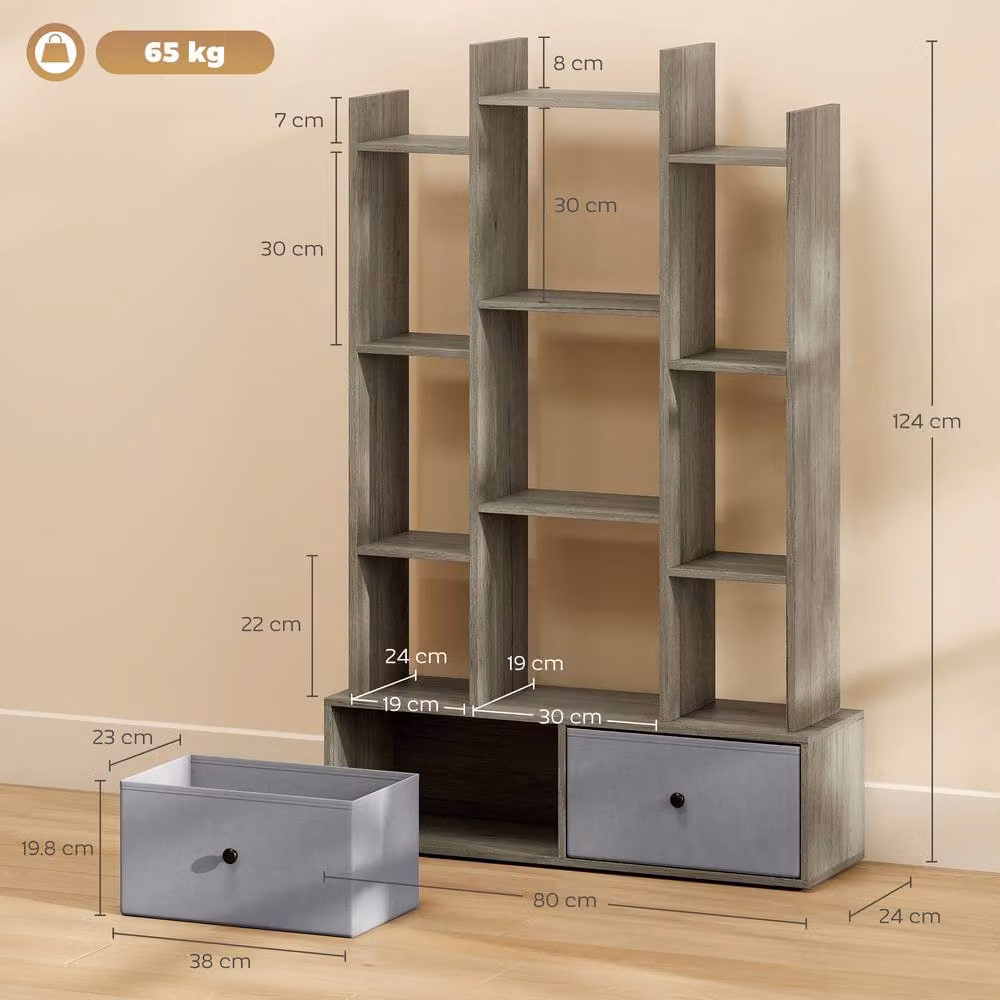HOMCOM 12-Tier Tree Bookshelf with 2 Foldable Drawers, Grey Wood Effect, W/D/H: 120 x 24 x 124 cm – 3