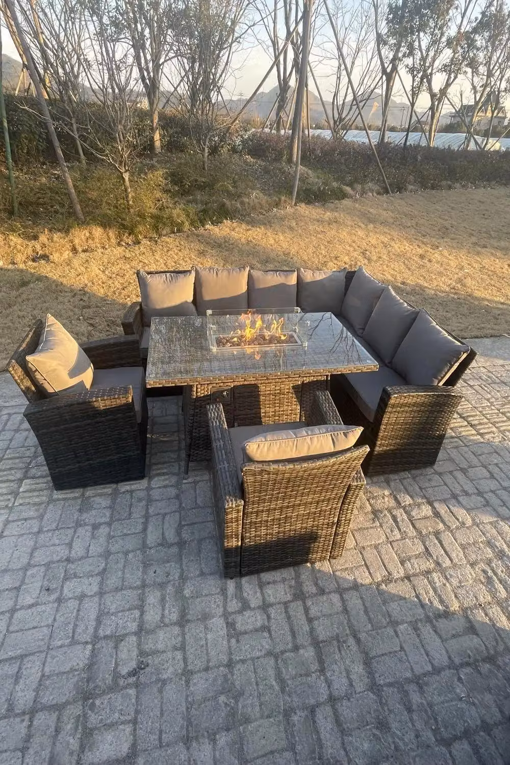 Fimous 8 Seater Rattan Corner Sofa Set with Gas Fire Pit Dining Table and Armchairs in Dark Grey – 2