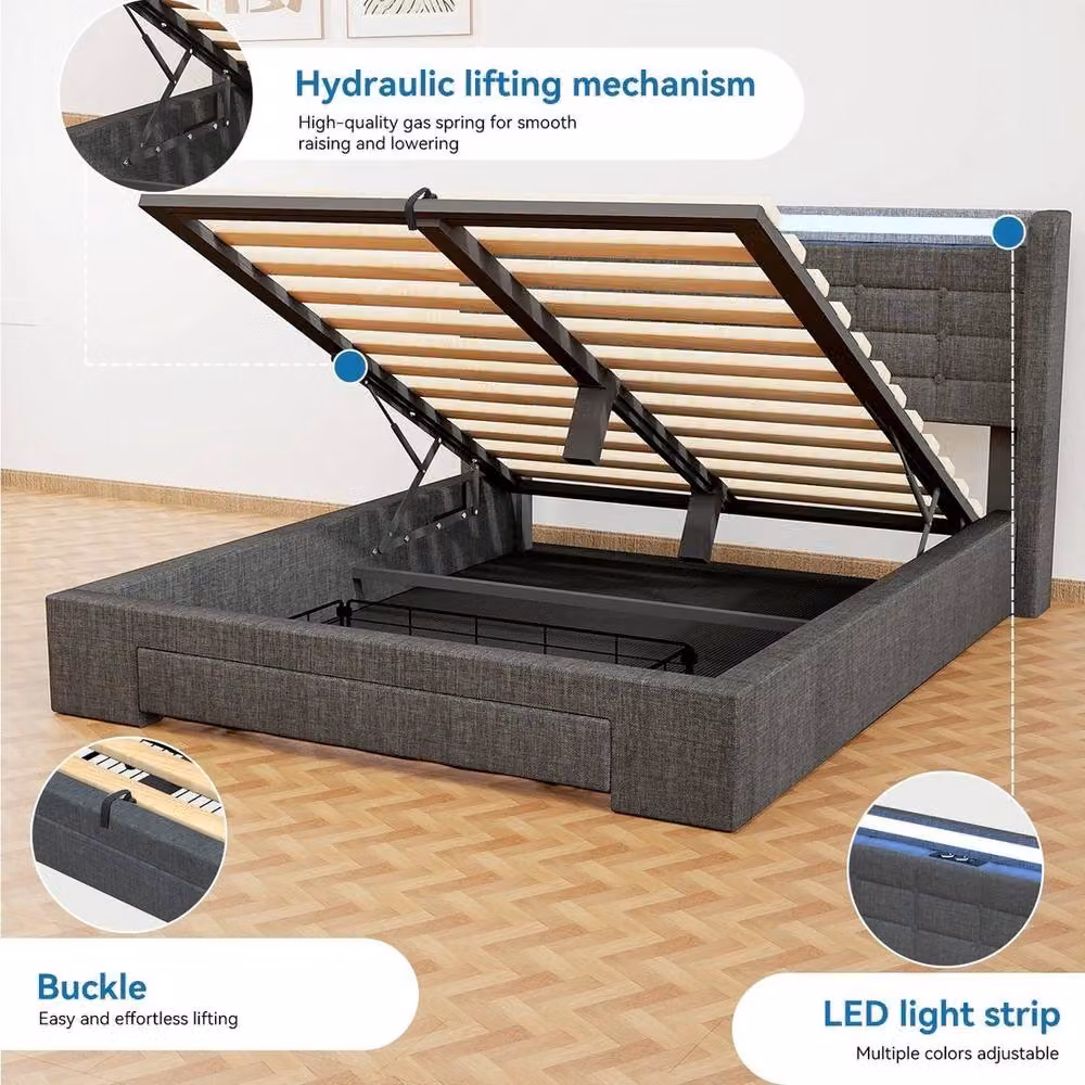 Spetlek Grey Upholstered Double Storage Bed Frame with USB Charging Port, W/D/H: 140 x 200 cm – 2
