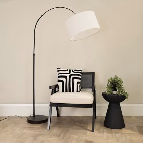 ValueLights Louis Black Metal Arched Floor Lamp with White Fabric Drum Shade, H 180 cm x W 105 cm x D 45 cm – 2