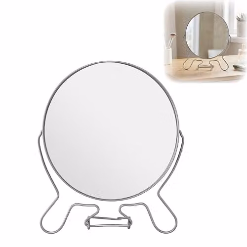 Premier Housewares Silver Effect Round 2-Sided Tabletop Shaving Mirror with Metal Stand – 1