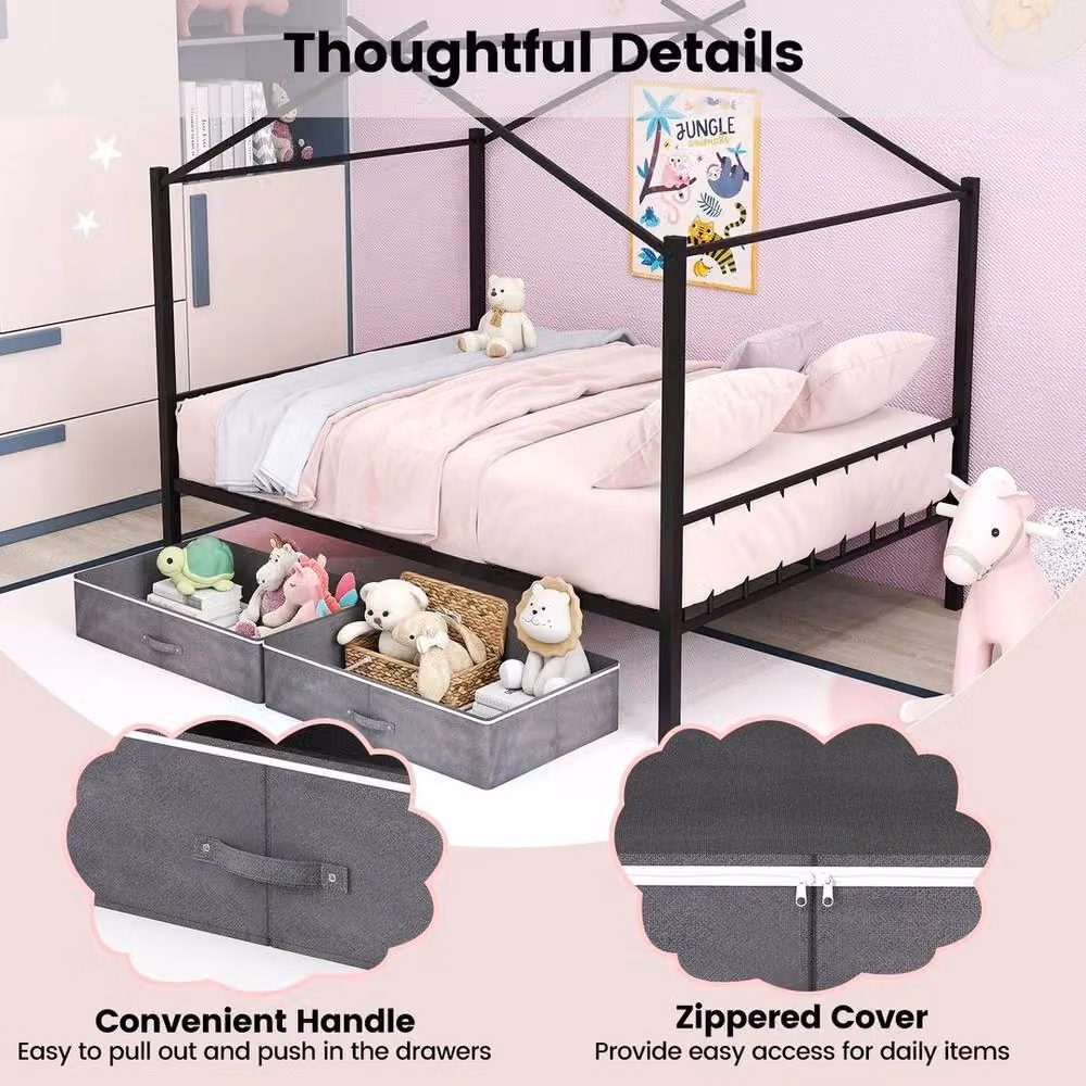 KORVIXA Double Size House Bed with Metal Frame and Slats in Black, W/D/H: 140 x 200 cm – 4