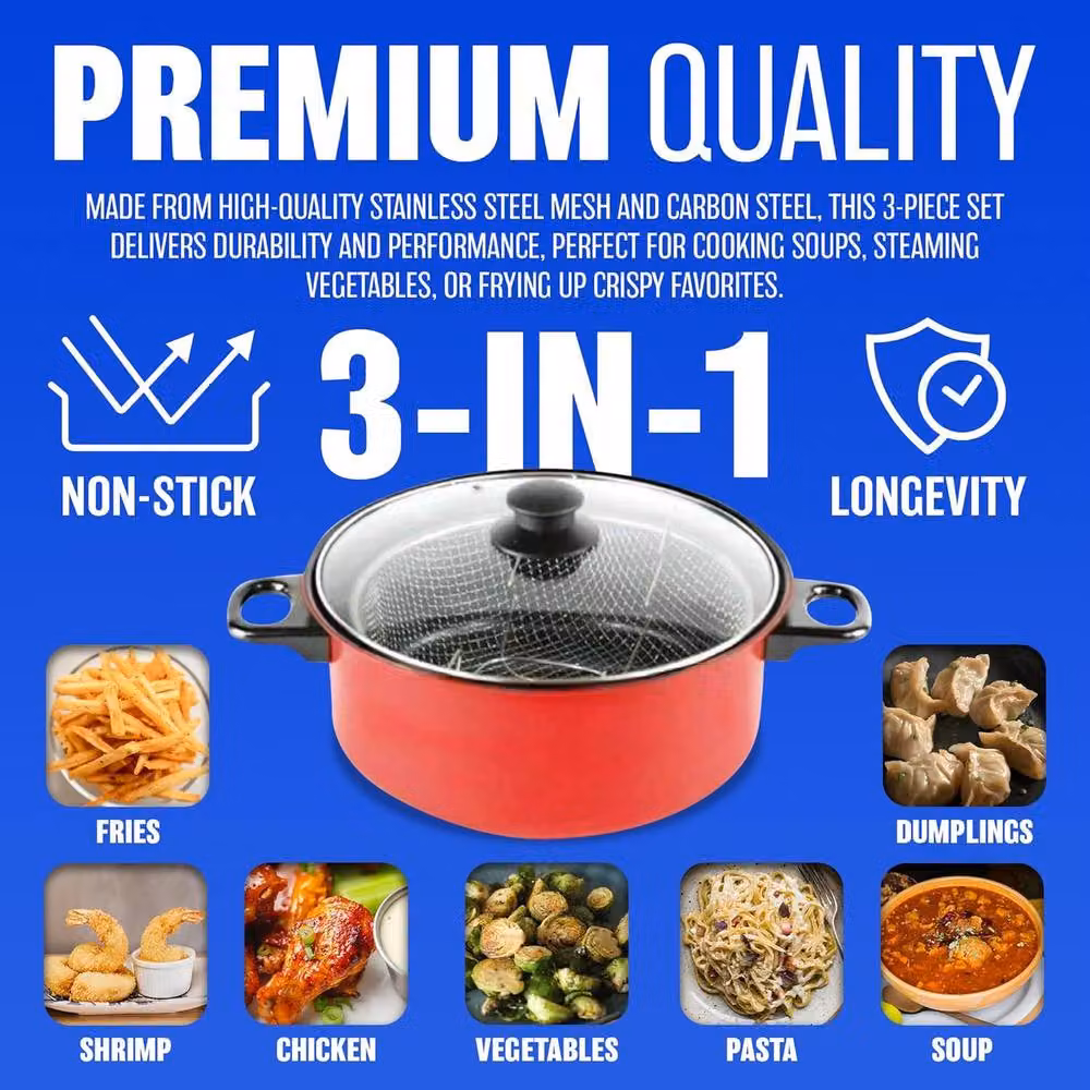 BARGAINS-GALORE 3 in 1 Ceramic Steamer Fryer and Stir Fry Pot with Glass Lid, Red and Multicolour – 4