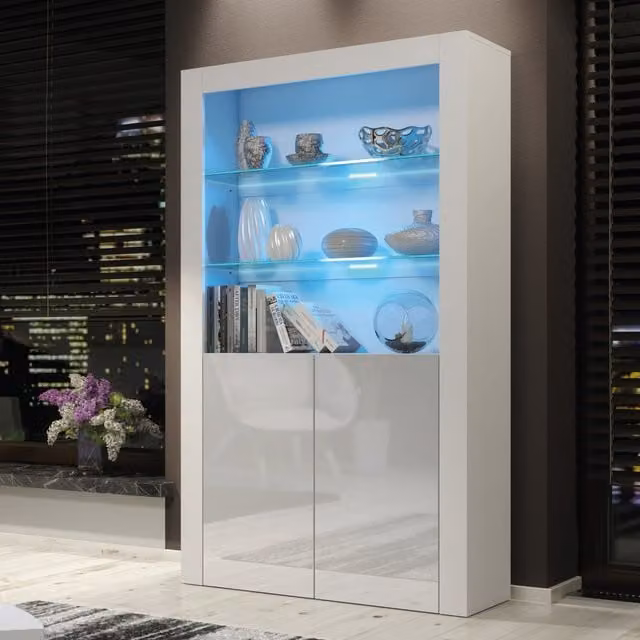 Creative Furniture Spectrum Display Cabinet in White and Grey with Glass Doors and Integrated Lighting, Height: 170 cm