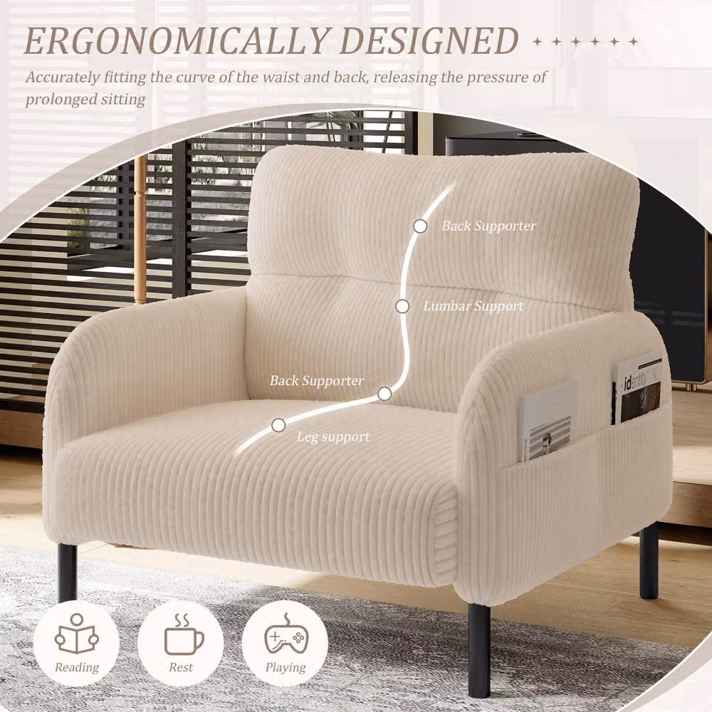 Direct Wicker Beige Corduroy Single Armchair with Solid Wood Frame and Foam Padding – 3