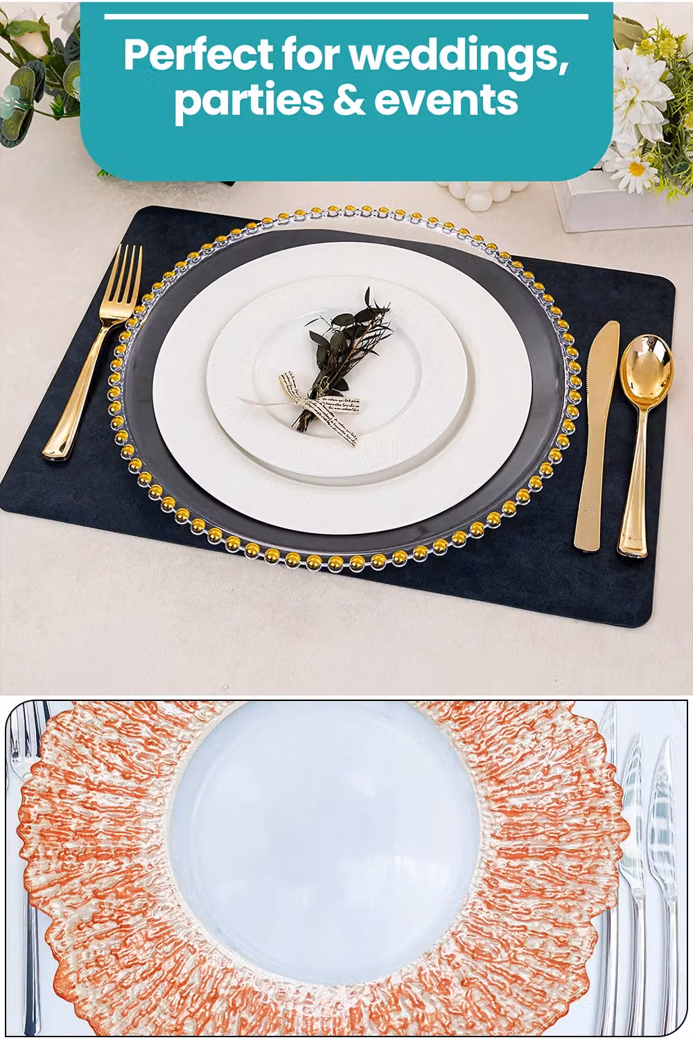 Neel Blue Set of 12 Gold Beaded Glass Charger Plates, Diameter: 33 cm – 2