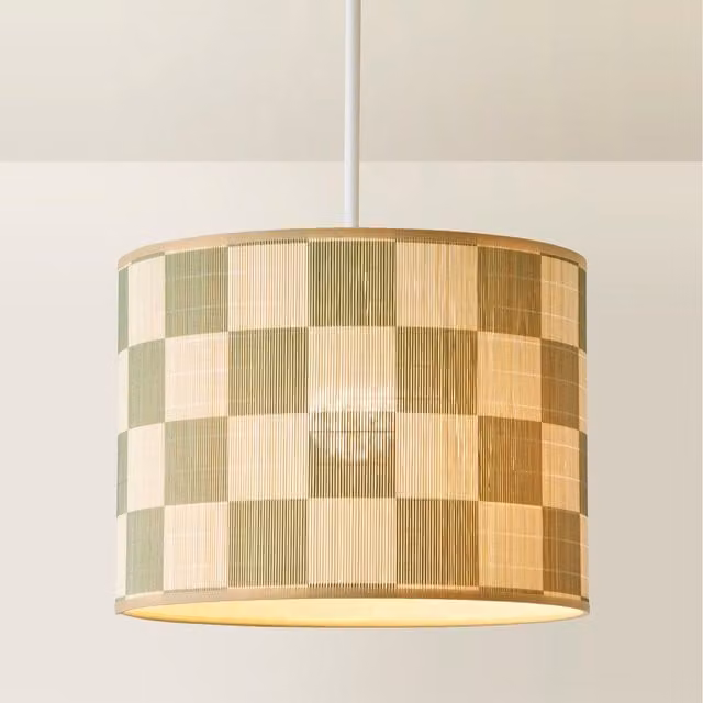Lori Checkerboard Bamboo Drum Ceiling Lamp Shade in Green