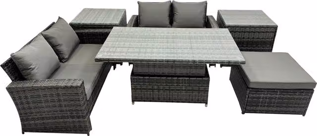 Fimous 5-Seat Outdoor Rattan Sofa Set with Lifting Dining/Coffee Table in Dark Grey Mixed