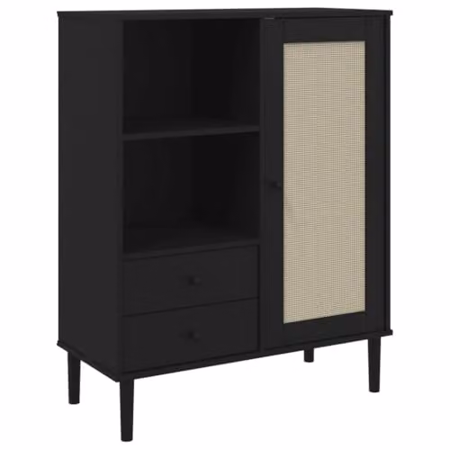 vidaXL SENJA Highboard in Black Rattan Look Solid Pine Wood with Hinged Doors and Internal Drawers, W/D/H: 90 x 40 x 112 cm – 1