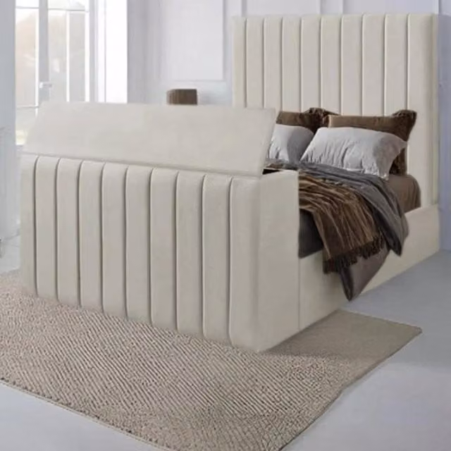 Paradies Modern Upholstered Bespoke TV Bed Frame in Cream Velvet Fabric, Width: 121 cm