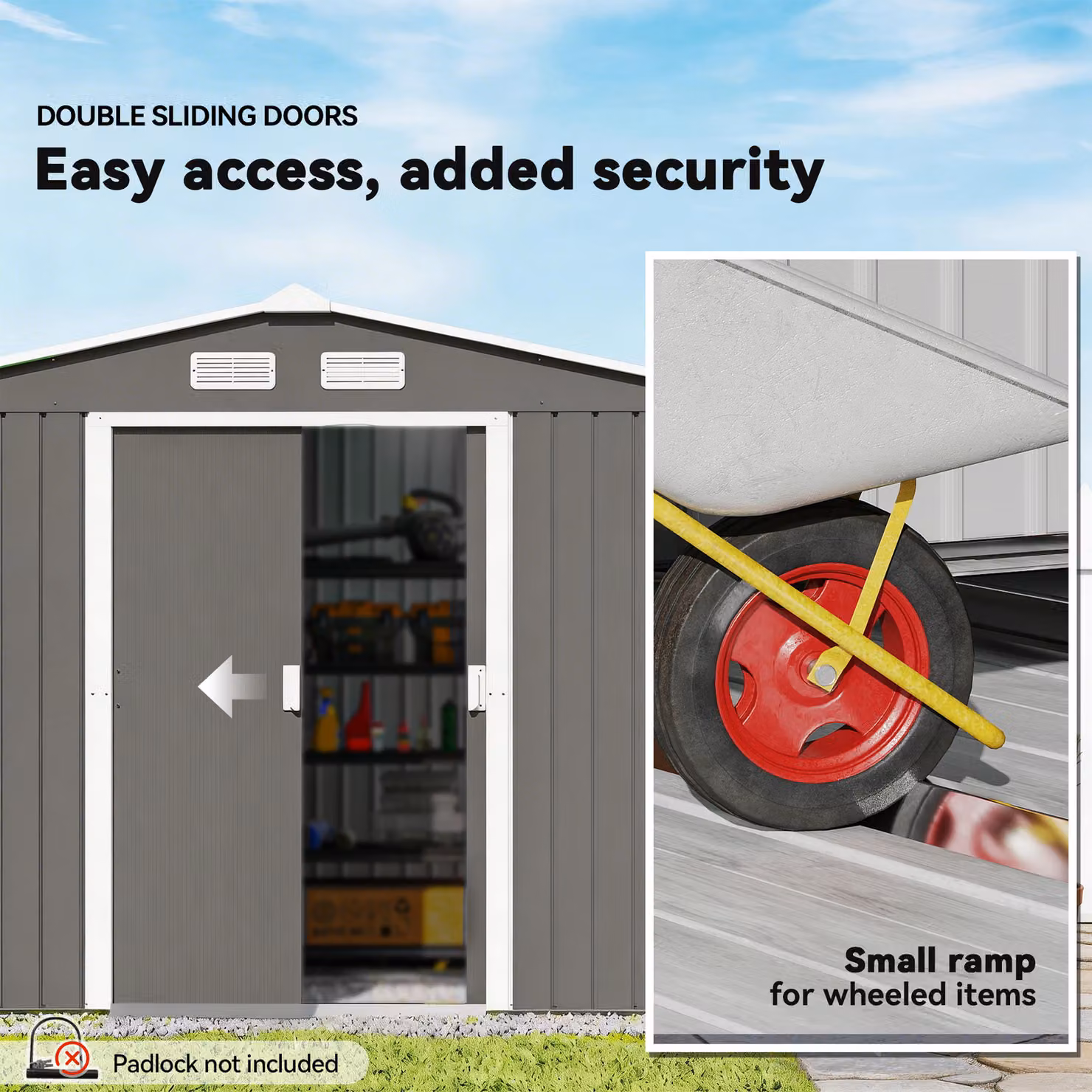 Outsunny Metal Garden Shed with Double Doors and Ventilation, Light Grey, W: 274 cm, D: 183 cm, H: 192 cm – 4