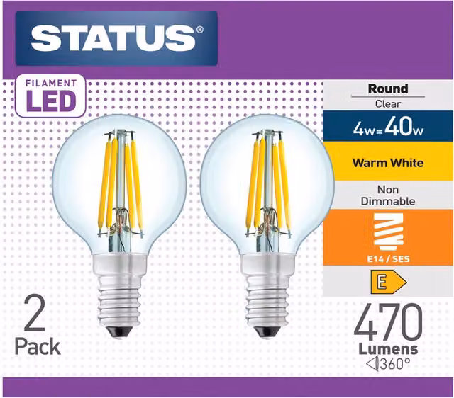 Pack of 2 Warm White Vintage Round Filament LED Lightbulbs, E14 Base, 4W, Transparent Glass