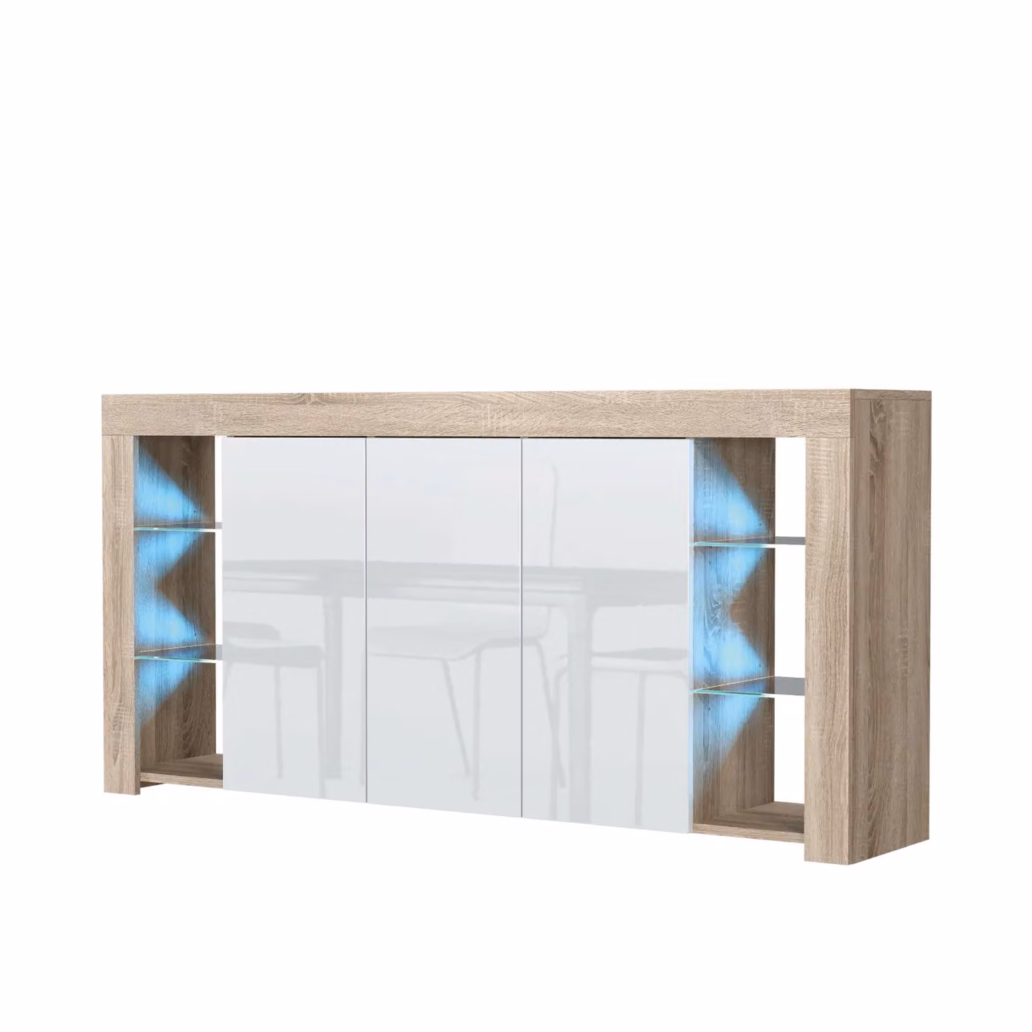 Mex Furniture LTD Modern Sideboard with Integrated LED Lighting and Glossy Doors in Light Oak, W: 164 cm, H: 83 cm, D: 35 cm – 2