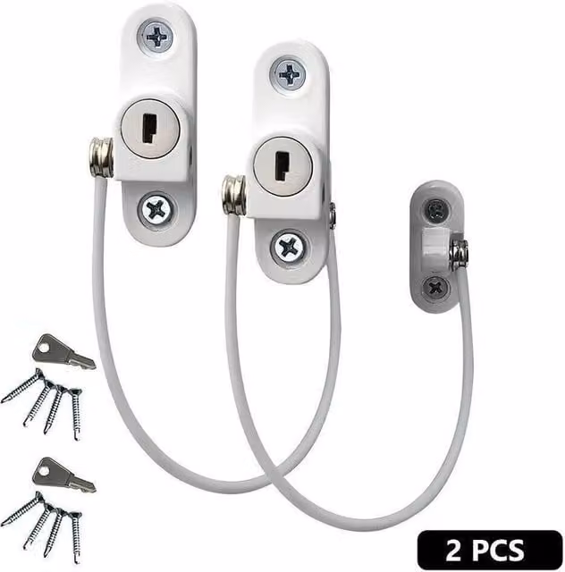 PAWNORA White Window and Door Restrictor Security Lock Cable Catch with Key, 2 Pack