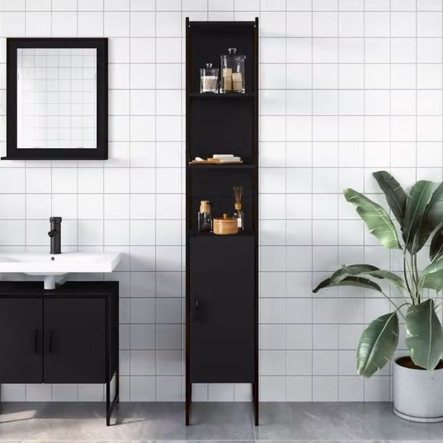Berkfield Home Sturdy Black Bathroom Cabinet with Hinged Doors and Internal Shelves W/D/H: 33 x 33 x 185.5 cm