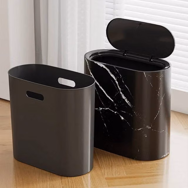 EONLION Small Plastic Marble Pattern Trash Can with Flip Lid, Black, Height: 100 cm