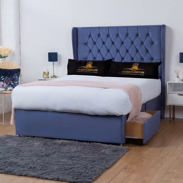 UK Bed Furniture Mary Wingback Divan Bed with 2 Drawers and 54 Inch Headboard in Blue Velvet, W/D/H: 140 x 200 cm