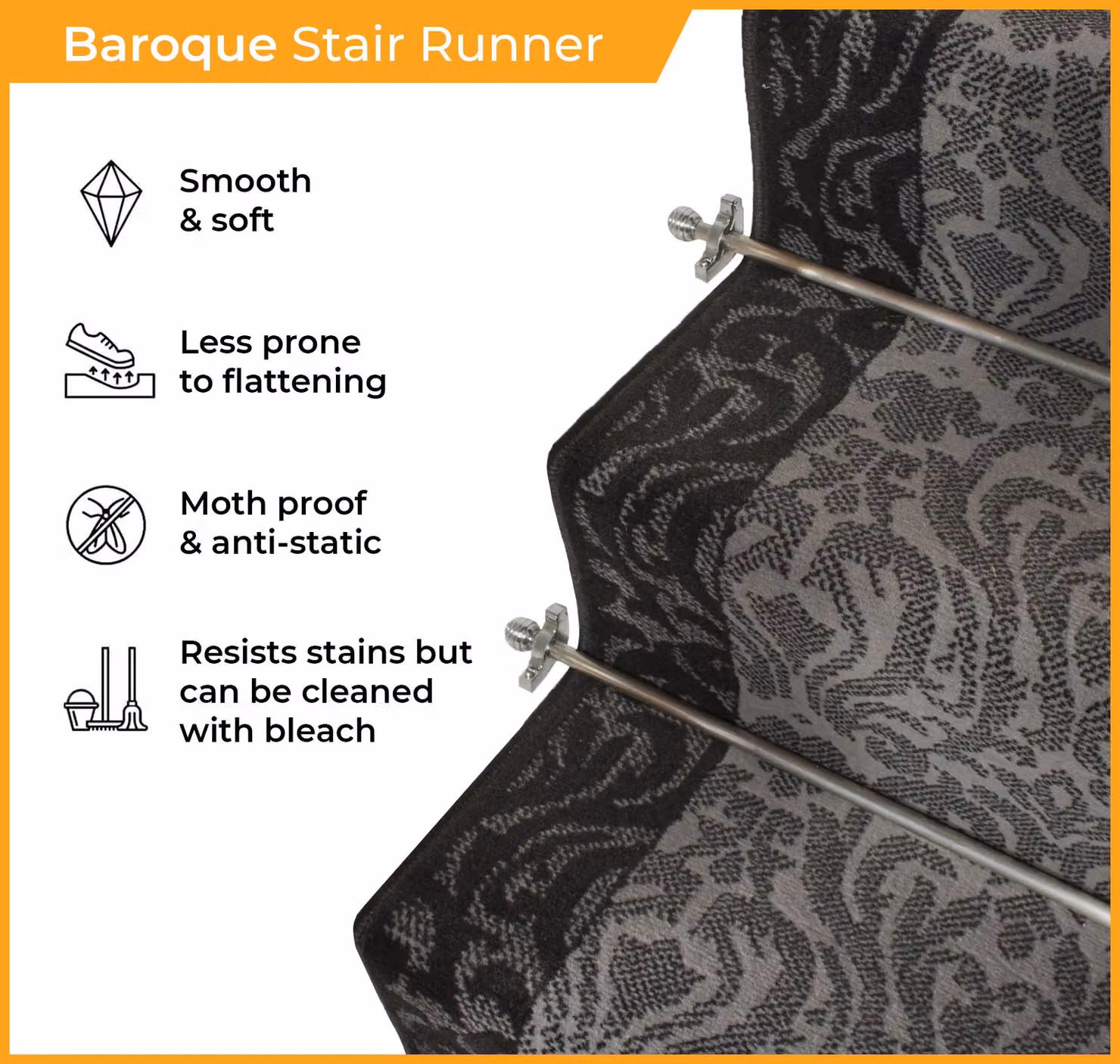 runrug Baroque Stair Runner Carpet in Light Grey, W: 70 cm x L: 510 cm – 2