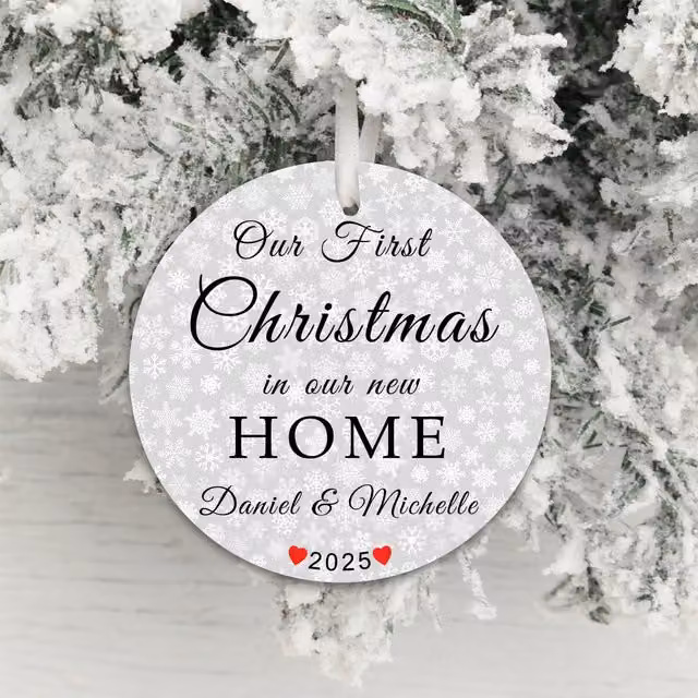 Uniqueful Personalised 1st Xmas in Our New Home Round Hanging Christmas Decoration in White