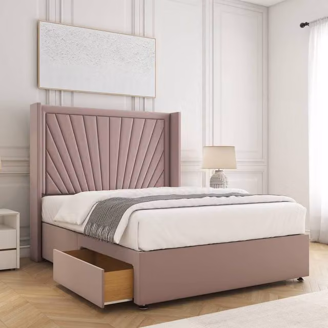 BSSPOKE Alina Double Divan Bed with 54 inch Headboard, 2 Drawers and Mattress in Pink Plush Velvet, W/D/H: 140 x 200 cm