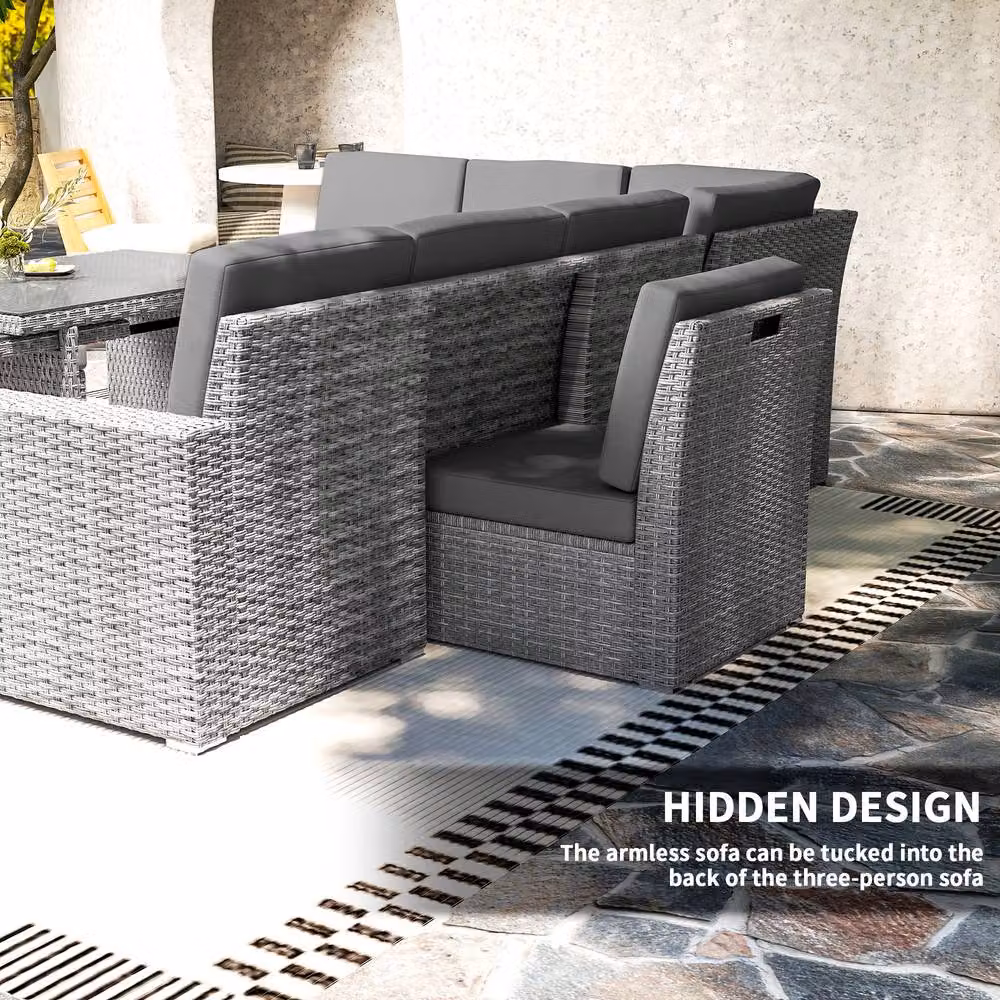 STILVORA 10-Seater Sofa Set with Expandable Glass Table and Rattan Details in Grey – 3