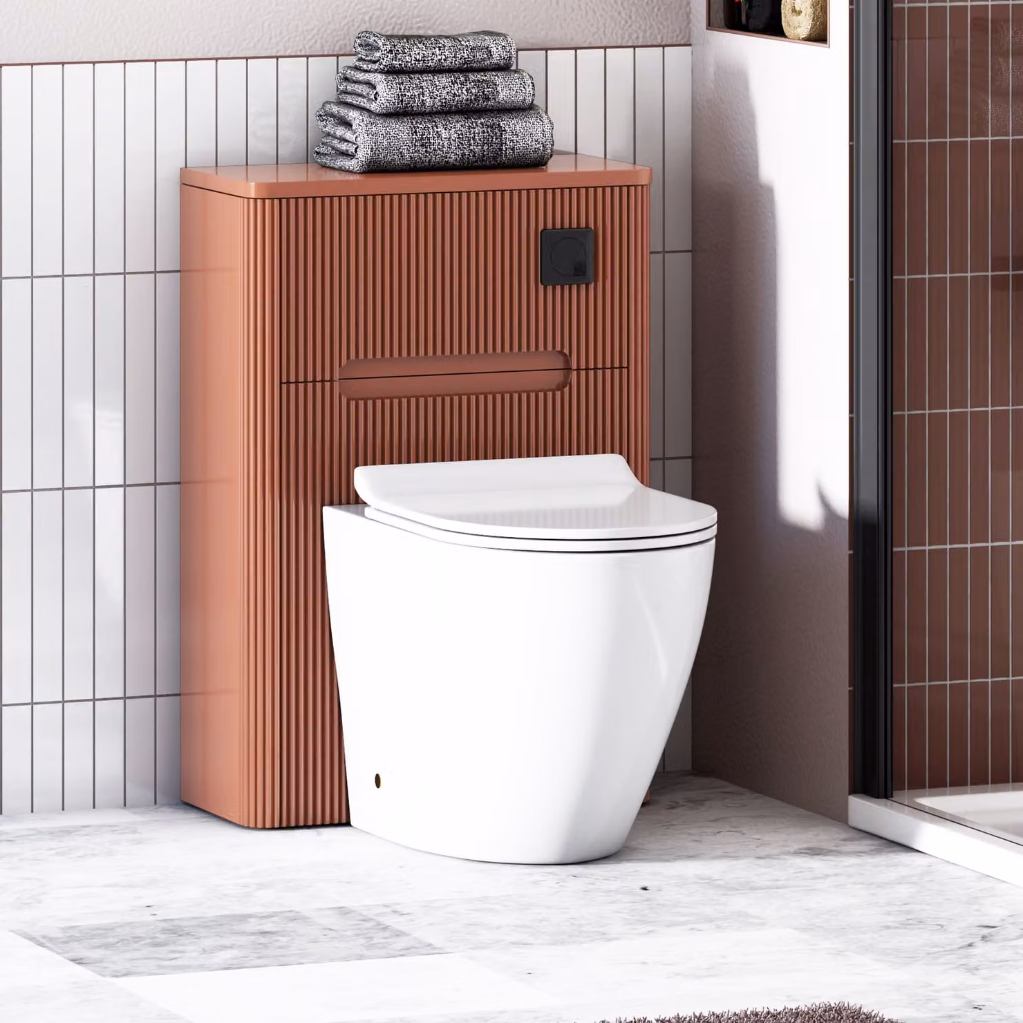 Avenza Terracotta Clay Ceramic WC Unit with Elva Rimless Toilet Pan, Slim Soft Close Seat and Cistern, W: 55 cm