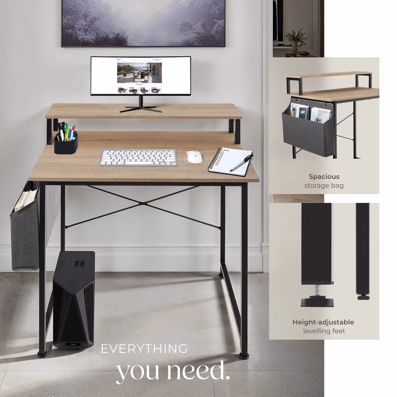 tectake Industrial Computer Desk with Shelving and Fabric Storage Bag in Light Oak – 4