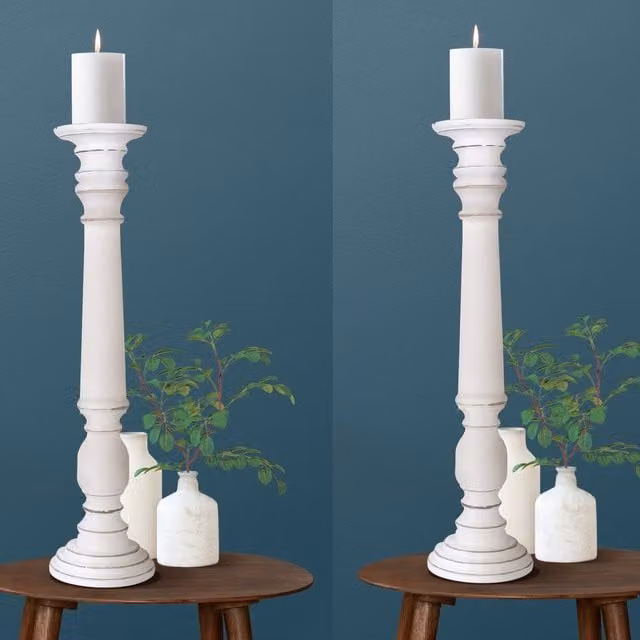 Topfurnishing Set of 2 Rustic Antique Carved Wooden Pillar Church Candle Holders in White, W/D/H: 18 x 18 x 63 cm
