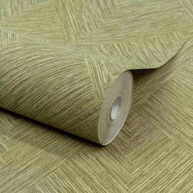 Grandeco Boutique Loni Geometric Weave Luxury Embossed Wallpaper in Moss Green