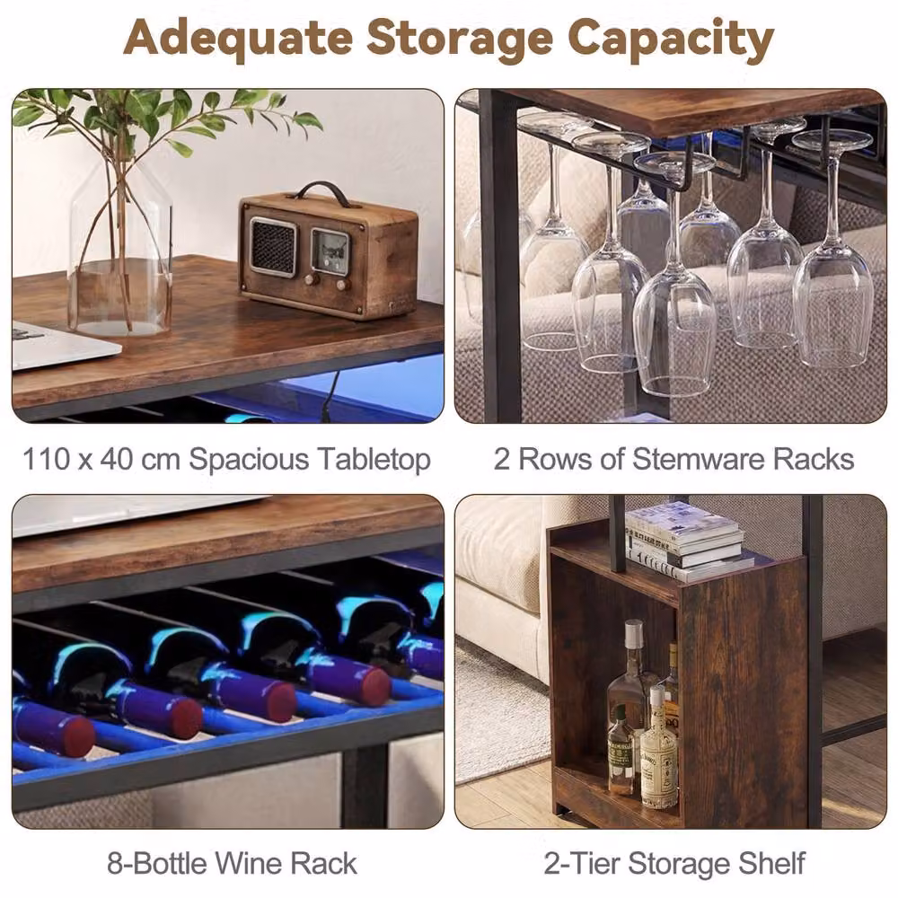 Costway Rectangular Industrial Bar Table in Brown with 8-Bottle Wine Rack and Stemware Racks – 5