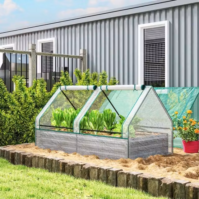 Outsunny Raised Garden Bed Planter Box with Greenhouse in Green, Dark Grey and White