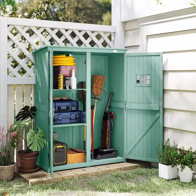 Outsunny Green Lacquered Wooden Tall Garden Cabinet with Internal Shelving and Hinged Doors