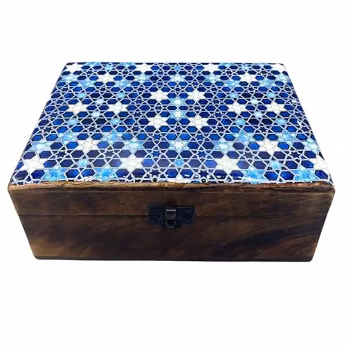 Ancient Wisdom Blue Enamelled Ceramic and Wooden Rectangular Box W/D/H: 20 x 15 x 7.5 cm