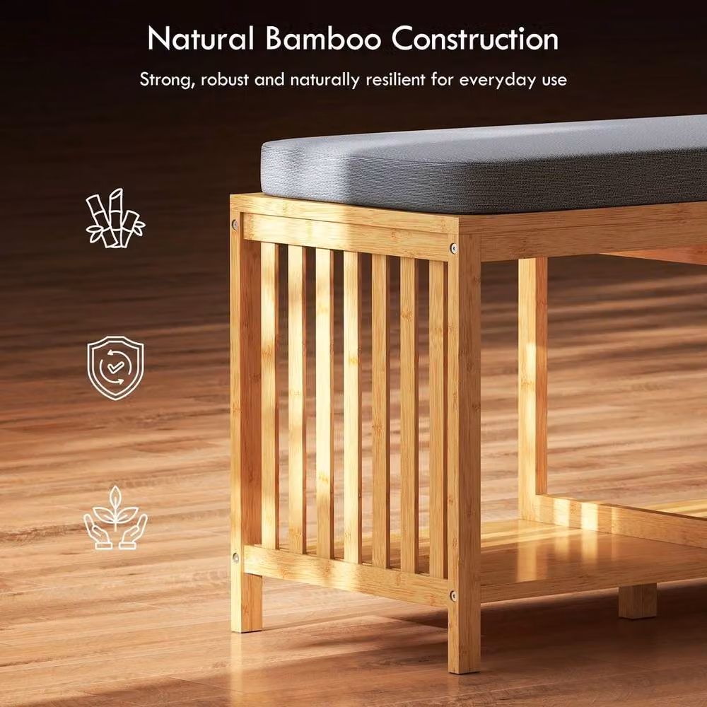 NESTLUNE Bamboo Shoe Rack with Seat, Brown Wood Hallway Storage Bench – 3