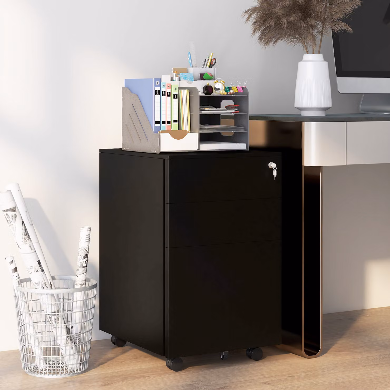 Vinsetto 3-Drawer Metal Vertical Filing Cabinet with Lock and Castors, Black – 2