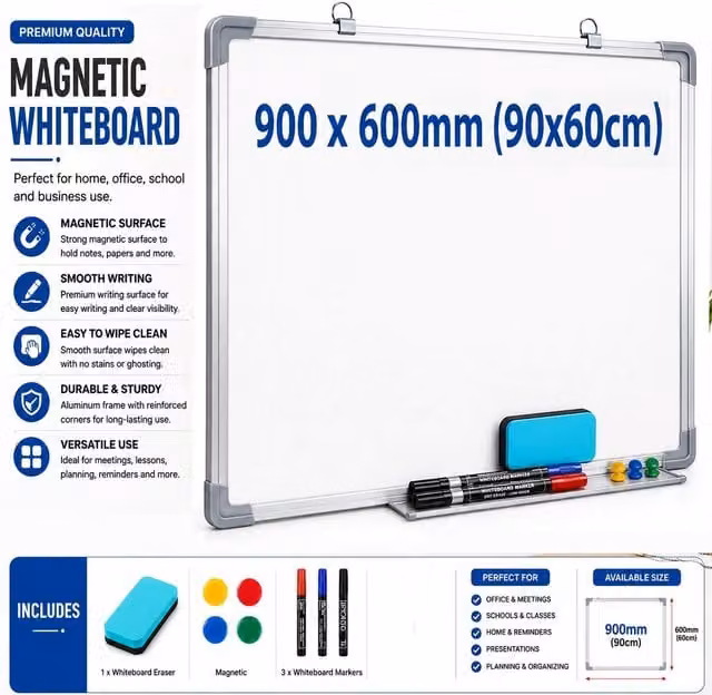 Atek Magnetic Whiteboard in White and Silver with Aluminium Frame, W: 90 cm, H: 60 cm